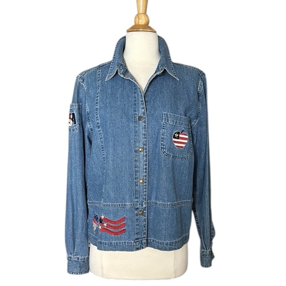 Y2K Denim Shirt Jacket Embroidered American Flag Lightweight Patriotic, Medium - Picture 1 of 16